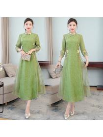 【M-4XL】Chinese style cheongsam women'sVintage style stand collar embroidered slim dress 
