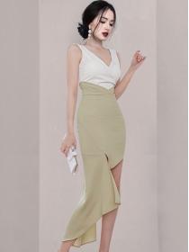 New Style Irrgular Color Matching Fashion Slim Dress