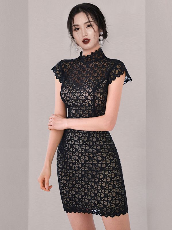 Korean Style slim temperament lace top sexy package hip skirt suit