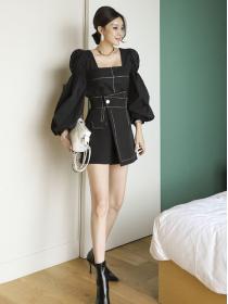 Korean  Style  lantern sleeve slim top fashion waist short skirt suit