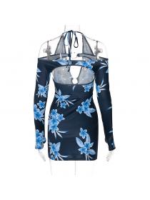 Outlet hot style Summer new lace-up halterneck backless long-sleeved floral print sling dress