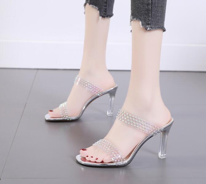 Heel high 8cm sexy rhinestone open-toe white sandals