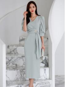 Korean Style temperament slim V-neck fashion waist and slim bag hip mid-length dress