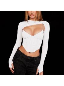 Outlet hot style European fashioN sexy mesh hollow pleated long-sleeved short T-shirt Crop top 