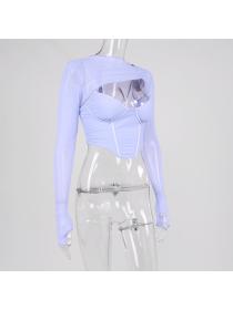 Outlet hot style European fashioN sexy mesh hollow pleated long-sleeved short T-shirt Crop top 