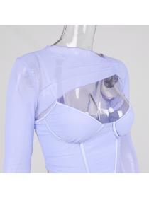 Outlet hot style European fashioN sexy mesh hollow pleated long-sleeved short T-shirt Crop top 