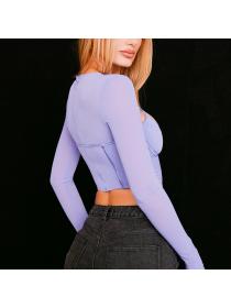 Outlet hot style European fashioN sexy mesh hollow pleated long-sleeved short T-shirt Crop top 