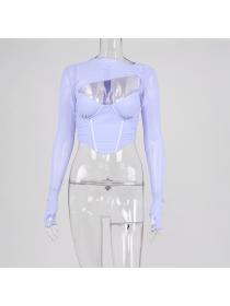 Outlet hot style European fashioN sexy mesh hollow pleated long-sleeved short T-shirt Crop top 