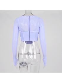 Outlet hot style European fashioN sexy mesh hollow pleated long-sleeved short T-shirt Crop top 