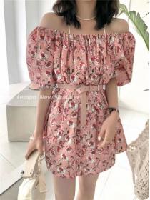 Summer fashion off-shoulder floral print matching dress for women (with belt)
