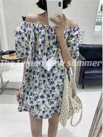 Summer fashion off-shoulder floral print matching dress for women (with belt)
