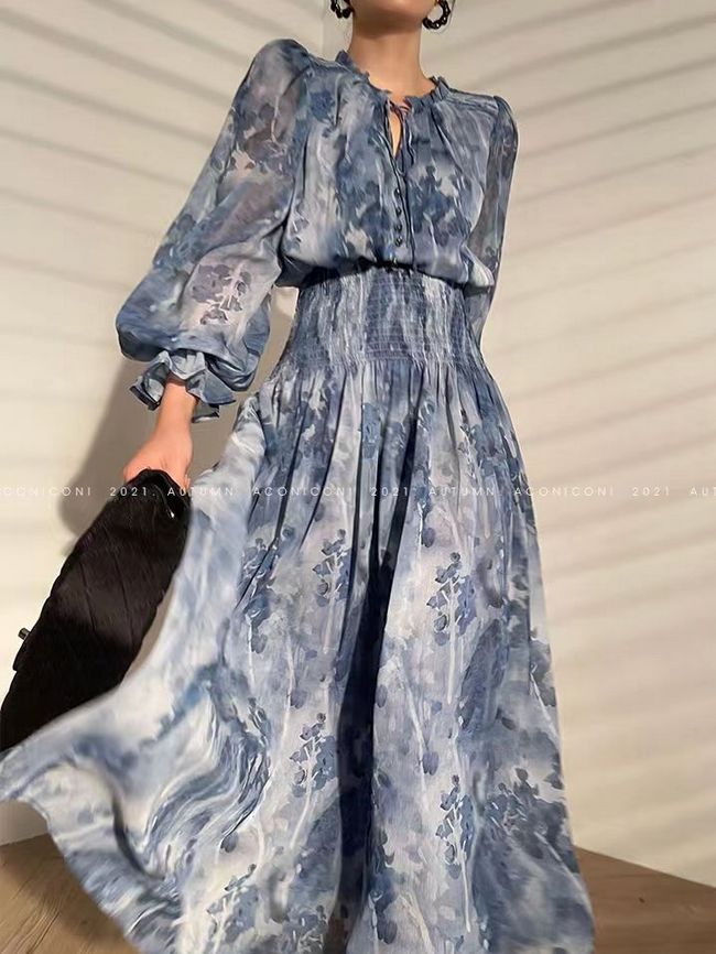 French print niche  design sense lantern sleeves irregular fishtail hip Dress