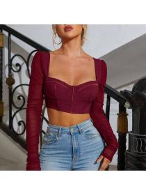 Outlet hot style European fashion mesh long-sleeved square neck sexy Breasted Crop top