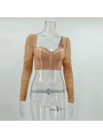 Outlet hot style European fashion mesh long-sleeved square neck sexy Breasted Crop top