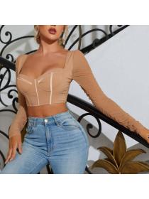 Outlet hot style European fashion mesh long-sleeved square neck sexy Breasted Crop top