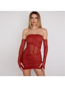 Outlet Hot style European fashion women's off shoulder irregular long-sleeved Mesh sleevelet dress