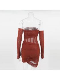 Outlet Hot style European fashion women's off shoulder irregular long-sleeved Mesh sleevelet dress