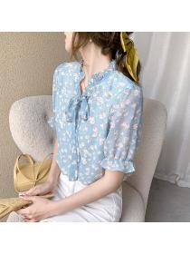 Summer new Korean fashion stand-up collar floral chiffon shirt