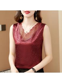 Lace v-neck silk jacquard camisole women sleeveless bottoming shirt 