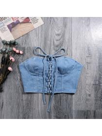 European fashion sexy cross straps denim tube top short vest