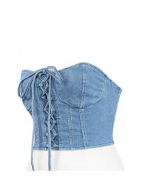 European fashion sexy cross straps denim tube top short vest