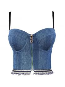 European fashion Backless stretch denim zipper vest sexy tube top