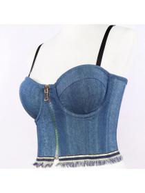 European fashion Backless stretch denim zipper vest sexy tube top