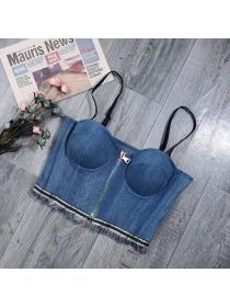 European fashion Backless stretch denim zipper vest sexy tube top