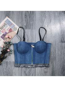 European fashion Backless stretch denim zipper vest sexy tube top