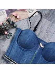 European fashion Backless stretch denim zipper vest sexy tube top