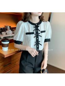 Sweet temperament round neck short sleeve loose small fragrance bow shirt