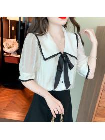 Sweet temperament round neck short sleeve loose small fragrance bow shirt