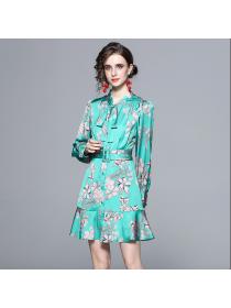 Spring new Vintage style print lace-up Slim elegant temperament high-end dress