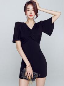 Korean Style  temperament slim cross V-neck knitted simple hip bottoming   dress