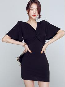 Korean Style  temperament slim cross V-neck knitted simple hip bottoming   dress