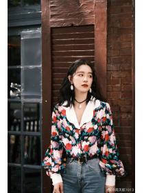 Vintage style floral print lantern sleeve shirt long-sleeved top for women