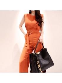 Summer new Korean style temperament round neck sleeveless waist-tie straight jumpsuit