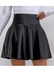 Fashionable Waist Pure Color PU  Slim Skirt 