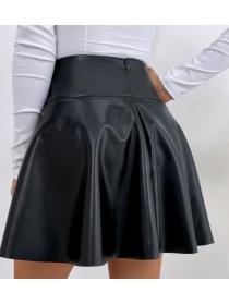 Fashionable Waist Pure Color PU  Slim Skirt 