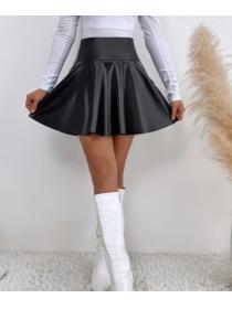 Fashionable Waist Pure Color PU  Slim Skirt 