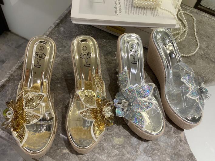 Summer fashion sequined flower transparent wedge high-heeled slippers