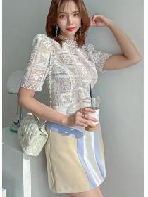 Korean Style  court crocheted fashion shirt with contrasting slim curve hip skirt
