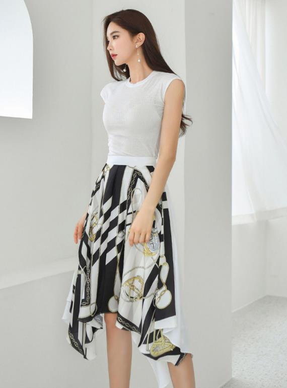 On Sale Pure Color Grace Top+Printing Tall Waist Skirt