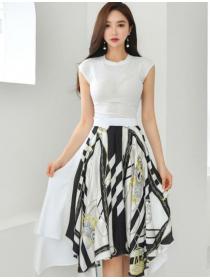 On Sale Pure Color Grace Top+Printing Tall Waist Skirt 