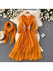 Vintage style vacation yellow dress female embroidery long dress