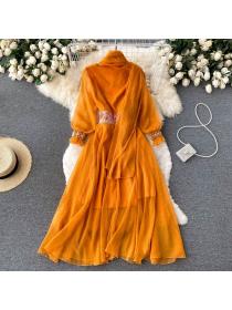 Vintage style vacation yellow dress female embroidery long dress