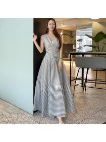 Summer new Korean style temperament striped V-neck sleeveless dress