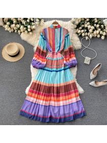 New style lantern sleeve matching striped dress pleated long dress