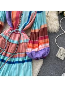 New style lantern sleeve matching striped dress pleated long dress