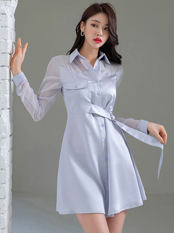 Korean Style  Elegant lapel stitched tulle tie waist  Dress